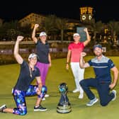 Emily Pedersen, Michele Thomson, Casandra Hall and amateur Matt Sleby with the trophy after Team Pedersen won the  Saudi Ladies Team International. Royal Greens Golf & Country Club in November. Picture: Tristan Jones.