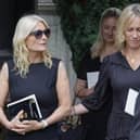 Gaby Roslin and Sophie Raworth depart the funeral of Dame Deborah James at St Mary's Church in Barnes, England. Picture: John Phillips/Getty Images