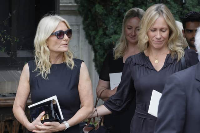 Gaby Roslin and Sophie Raworth depart the funeral of Dame Deborah James at St Mary's Church in Barnes, England. Picture: John Phillips/Getty Images