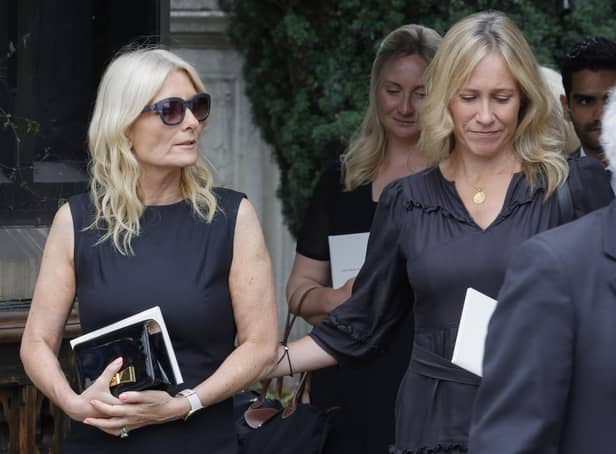 Gaby Roslin and Sophie Raworth depart the funeral of Dame Deborah James at St Mary's Church in Barnes, England. Picture: John Phillips/Getty Images