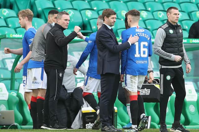Rangers manager Steven Gerrard congratulates Nathan Patterson after the Ladbrokes Scottish Premiership match between Celtic and Rangers at Celtic Park on March 21, 2021 in Glasgow, Scotland. (Photo by Ian MacNicol/Getty Images)