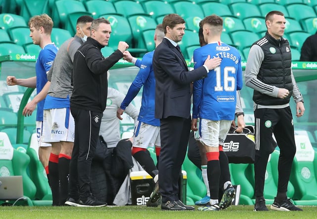 Rangers manager Steven Gerrard congratulates Nathan Patterson after the Ladbrokes Scottish Premiership match between Celtic and Rangers at Celtic Park on March 21, 2021 in Glasgow, Scotland. (Photo by Ian MacNicol/Getty Images)