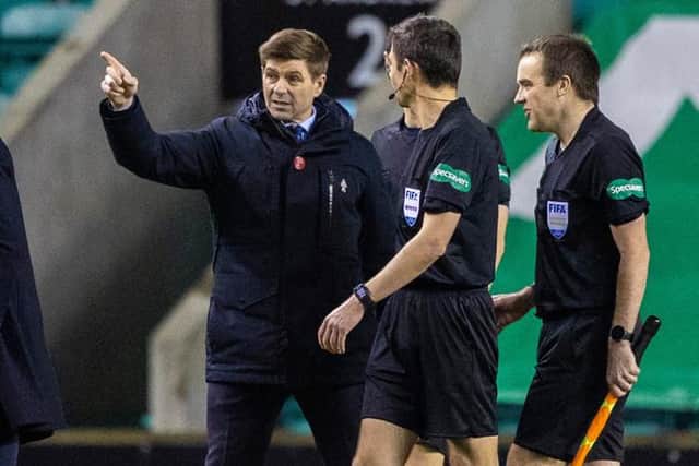 Rangers manager Steven Gerrard speaks to referee Kevin Clancy at full-time after his team's 1-0 win over Hibs at Easter Road. (Photo by Craig Williamson / SNS Group)