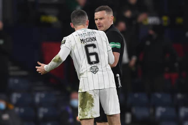Hibs' Paul McGinn confronts referee John Beaton during the Premier Sports Cup final defeat to Celtic. (Photo by Craig Foy / SNS Group)