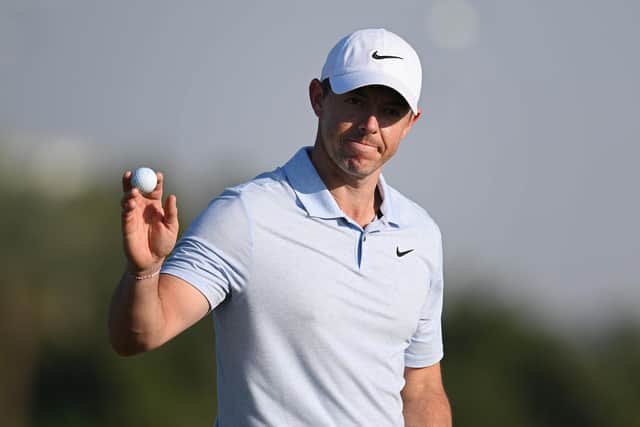 Rory McIlroy acknowledges the crowd after putting out on the 18th green on day two of the Dubai Invitational at Dubai Creek Golf and Yacht Club. Picture: Alex Burstow/Getty Images.