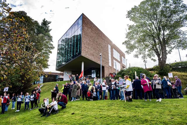 Staff, students, unions and politicians rally to protest the threatened closure of the Alloa campus by Forth Valley College last Saturday. Pic: John Devlin