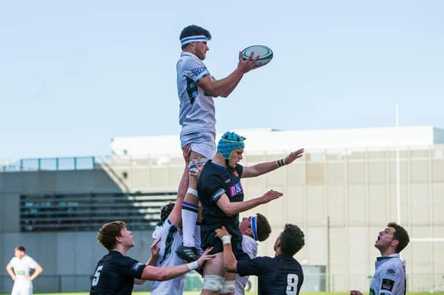 New Scotland U20 captain Alex Samuel leaps highest to collect this lineout for Glasgow Warriors in an under-18 match against Edinburgh. Picture: Bruce White/SNS