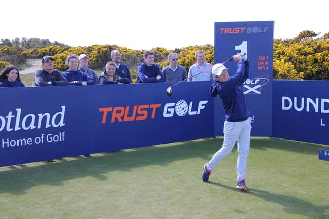 Catriona Matthew tees off at Dundonald Links, venue for this year's event, in her new role as tournament ambassdaor for the Trust Golf Women's Scottish Open. Picture: Trust Golf Women's Scottish Open