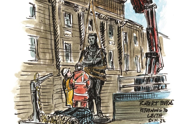 Back in January the Robert Burns statue which had been moved to make way for the tram works, returned to Constitution Street in Leith. I happened to be passing and sketched the view. A few days later I got to speak with the crane driver and sent him my sketch. It’s great when my drawings connect with people, and catch a moment in time for them.