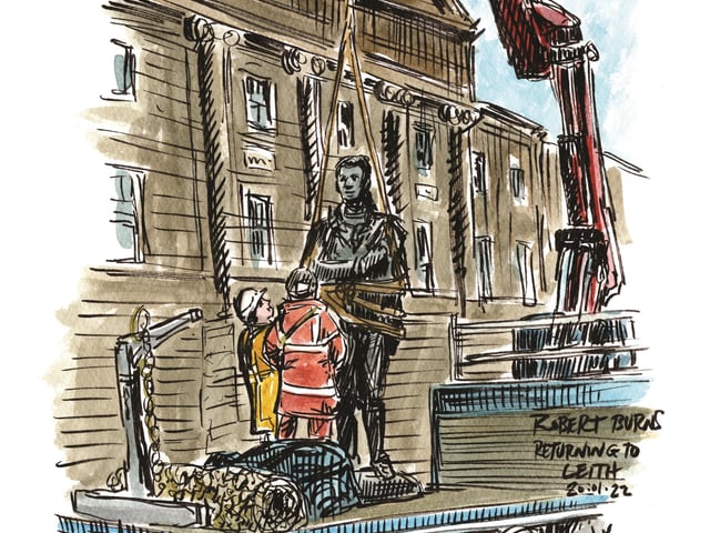 Back in January the Robert Burns statue which had been moved to make way for the tram works, returned to Constitution Street in Leith. I happened to be passing and sketched the view. A few days later I got to speak with the crane driver and sent him my sketch. It’s great when my drawings connect with people, and catch a moment in time for them.