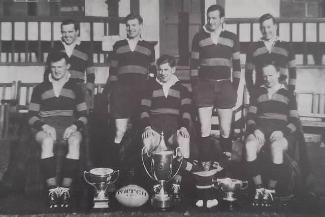 John Douglas, back row, second from right, among the Stewart's FPs seven-a-side team with trophies won in the 1959 season