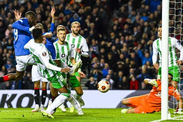 Abdallah Sima flies in to score Rangers' winner against Real Betis at Ibrox.