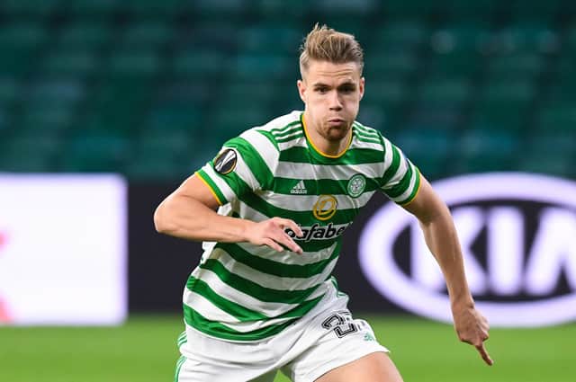 Kristoffer Ajer pulled up with a groin injury during the draw in Lille. Picture: SNS
