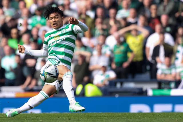 Celtic's Reo Hatate misses a first half chance during a Scottish Cup Semi-Final between Celtic and Rangers at Hampden Park, on April 17, 2022, in Glasgow, Scotland. (Photo by Craig Williamson / SNS Group)