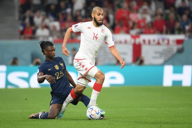 Reported Celtic target Aissa Laidouni in action for Tunisia during the 1-0 win over France at the World Cup in Qatar. (Photo by FRANCK FIFE/AFP via Getty Images)