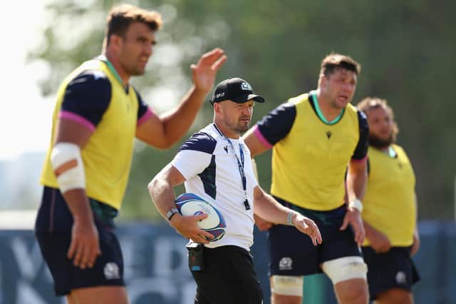 Scotland head coach Gregor Townsend watches his players during a training session at Stade des Arboras.