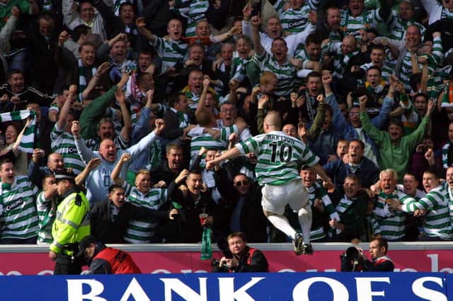 John Hartson celebrates scoring for Celtic against Rangers. Photo: SNS Group