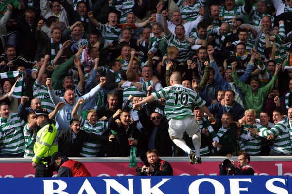 John Hartson celebrates scoring for Celtic against Rangers. Photo: SNS Group