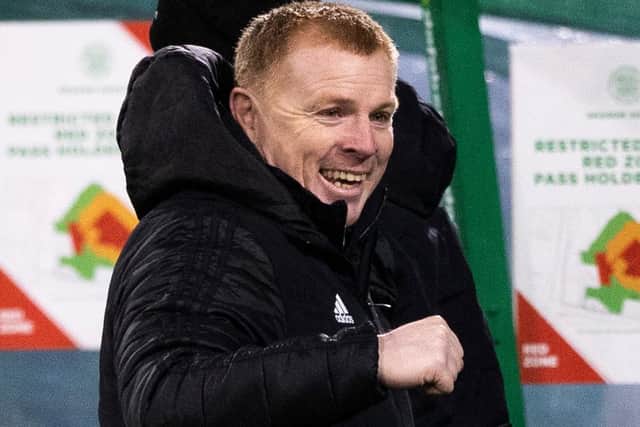 Celtic manager Neil Lennon can't hide his delight at full time following a second victory for the beleaguered club in a week. (Photo by Craig Williamson / SNS Group)