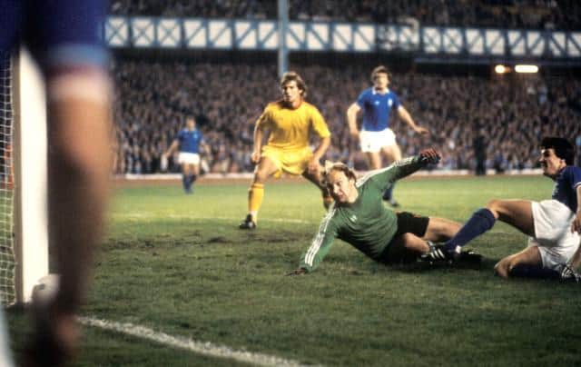 John MacDonald (right) scores for Rangers in their Cup Winners' Cup tie against Dukla Prague in 1981 which the Ibrox side lost 4-2 on aggregate. (Photo by SNS Group)