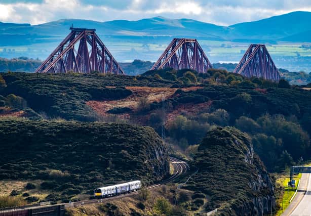 A Vivarail battery train on the Fife Circle line near the Forth Bridge, where overhead electric wires cannot be installed because of height restrictions. Picture: Network Rail