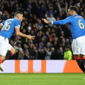 Connor Goldson (right) celebrates with Leon Balogun (left) after Rangers' opening goal in the 2-0 Europa League win over Brondby at Ibrox on Thursday night. (Photo by Craig Williamson / SNS Group)