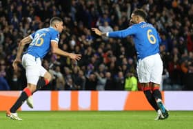 Connor Goldson (right) celebrates with Leon Balogun (left) after Rangers' opening goal in the 2-0 Europa League win over Brondby at Ibrox on Thursday night. (Photo by Craig Williamson / SNS Group)