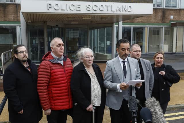 Emma Caldwell's mother, Margaret Caldwell, along with her family and their lawyer, Aamer Anwar, hold a press conference following a meeting with the Chief Constable Joanna Farrell at Fettes Police station (Photo by Jeff J Mitchell/Getty Images)