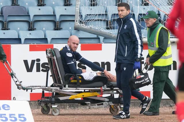 Dundee striker Zak Rudden was taken off on a stretcher.