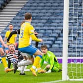 Raith's Sam Stanton (L) asks for the ball from teammate Jack Hamilton (R) during a cinch Championship match against Queen's Park at Hampden.