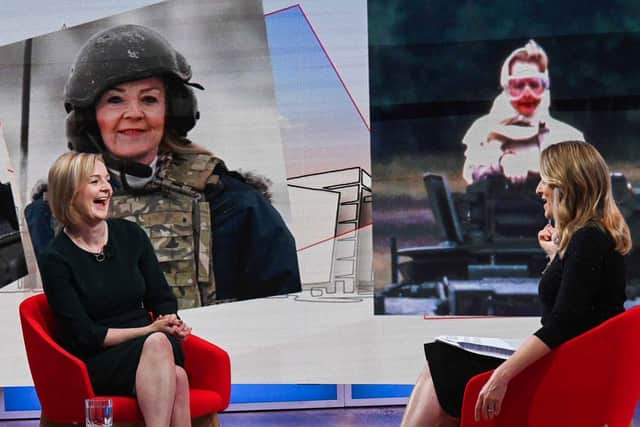 Foreign secretary and a contender to become the country's next Prime Minister and leader of the Conservative party Liz Truss (left) speaking during an interview with BBC journalist Laura Kuenssberg (right) on the TV set, in London. Picture: Jeff Overs/BBC/AFP via Getty Images