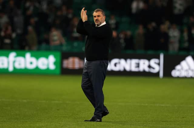 Celtic manager Ange Postecoglou takes the acclaim of supporters at full-time following the 3-0, progress-earning, Europa League win over Jablonec on Thursday...a scenario with which he wasn't entirely comfortable. (Photo by Craig Williamson / SNS Group)