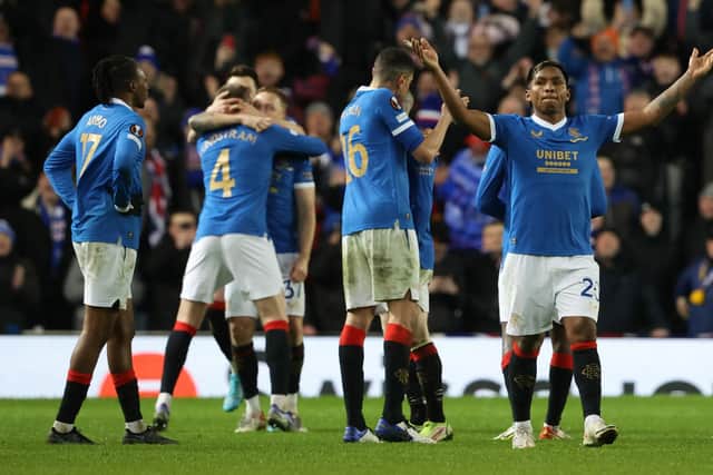 Rangers' Alfredo Morelos celebrates with his team-mates following the spectacular Europa League success -over Borussia Dortmund - a triumph that continues the Ibrox club's ability o pull off knock-out wins in Europe of the kind consistently proving elusive for Celtic. (Photo by Alan Harvey / SNS Group)