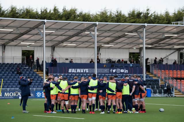 Fans were absent for Edinburgh's URC clash with Cardiff but the non-playing members of the home side's squad made plenty of noise. (Photo by Ross Parker / SNS Group)