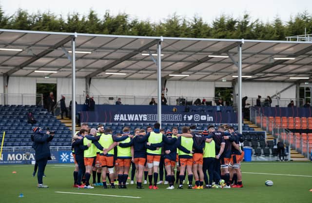 Fans were absent for Edinburgh's URC clash with Cardiff but the non-playing members of the home side's squad made plenty of noise. (Photo by Ross Parker / SNS Group)