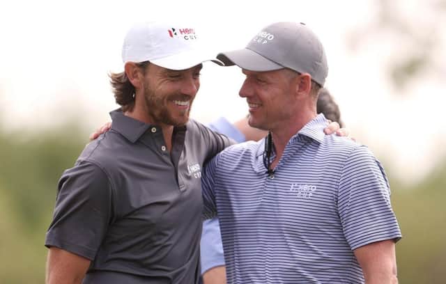 Ryder Cup captain Luke Donald, right, congratulates Tommy Fleetwood, captain of Great Britain and Ireland, after winning his singles match on the last day of the Hero Cup in Abu Dhabi. Picture: Oisin Keniry/Getty Images.