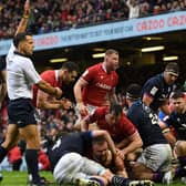 Wales' prop Tomas Francis (C) dives over the line during the Six Nations match against Scotland at the Principality Stadium in Cardiff (Photo by PAUL ELLIS/AFP via Getty Images)