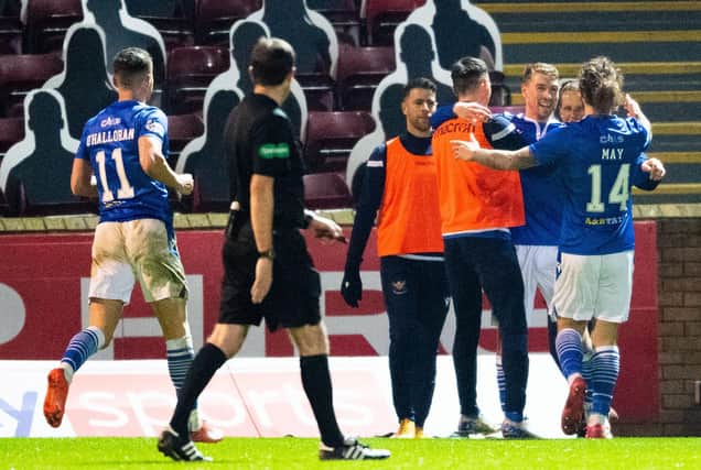 St Johnstone celebrate David Wotherspoon's winner at Motherwell.