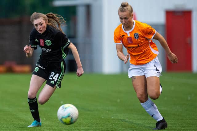 Celtic’s Tegan Bowie and Glasgow City’s Rachel McLauchlan met in October and will feature on BBC Alba when SWPL1 resumes on SUnday, April 4. Picture: Ross MacDonald / SNS