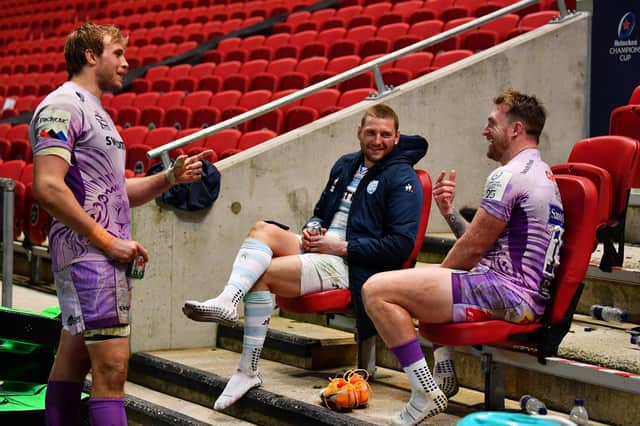 Jonny Gray, Finn Russell and Stuart Hogg share a drink after the Heineken Champions Cup final between Exeter Chiefs and Racing 92. The trio have been picked to start for Scotland agianst Wales on Saturday. Picture: Dan Mullan/Getty Images
