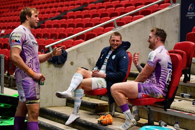 Jonny Gray, Finn Russell and Stuart Hogg share a drink after the Heineken Champions Cup final between Exeter Chiefs and Racing 92. The trio have been picked to start for Scotland agianst Wales on Saturday. Picture: Dan Mullan/Getty Images