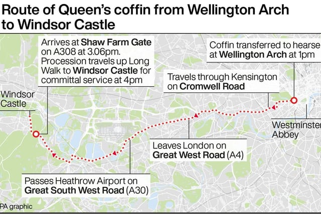 Route of Queen’s coffin from Wellington Arch to Windsor Castle.