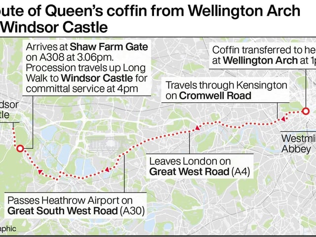 Route of Queen’s coffin from Wellington Arch to Windsor Castle.