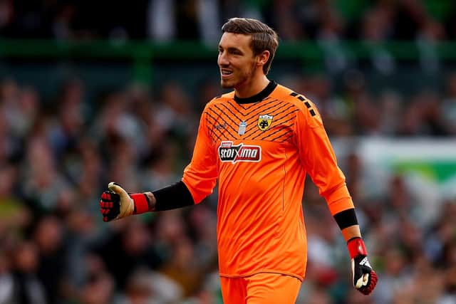 GLASGOW, SCOTLAND - AUGUST 08: Vassilis Barkas of AEK Athens looks on during the UEFA Champions League Qualifier between Celtic and AEK Athens at Celtic Park Stadium on August 8, 2018 in Glasgow, Scotland.  (Photo by Naomi Baker/Getty Images)