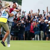 Nick Taylor celebrates with his caddie after rolling in a 72-foot eagle putt on the fourth extra hole to become the first home player to win the RBC Canadian Open since 1954. Picture: Vaughn Ridley/Getty Images.