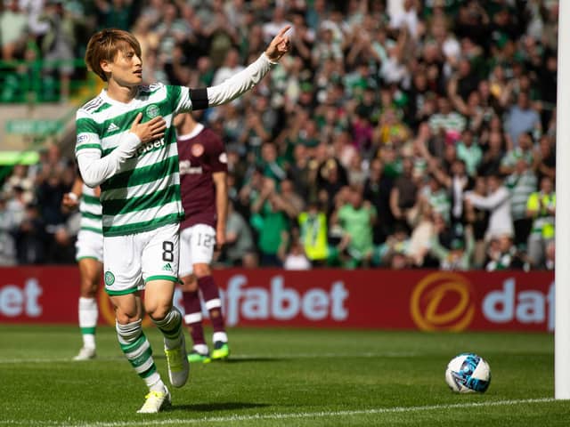 Celtic weren't emphatic in front of goal in their usual fashion across their 2-0 win over Hearts but Kyogo Furuhashi was all of that with his 13th minute deadlock-breaker. (Photo by Craig Foy / SNS Group)