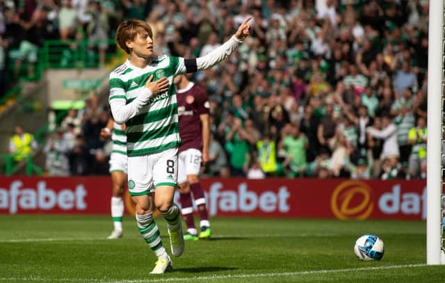 Celtic weren't emphatic in front of goal in their usual fashion across their 2-0 win over Hearts but Kyogo Furuhashi was all of that with his 13th minute deadlock-breaker. (Photo by Craig Foy / SNS Group)
