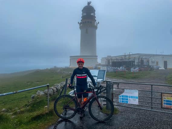 Endurance athlete Donnie Campbell at Cape Wrath lighthouse, where he smashed the record for the  An Turas Mor route from Glasgow, which covers some 354 miles.