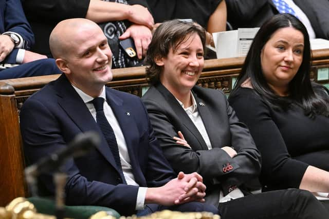 SNP Westminster leader Stephen Flynn (left) sitting next to deputy leader Mhairi Black (centre) at Prime Minister's Questions. Picture: Jessica Taylor/UK PARLIAMENT/AFP via Getty Images