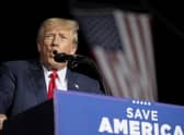 Donald Trump speaks at a rally at the Minden Tahoe Airport in Minden, Nev.